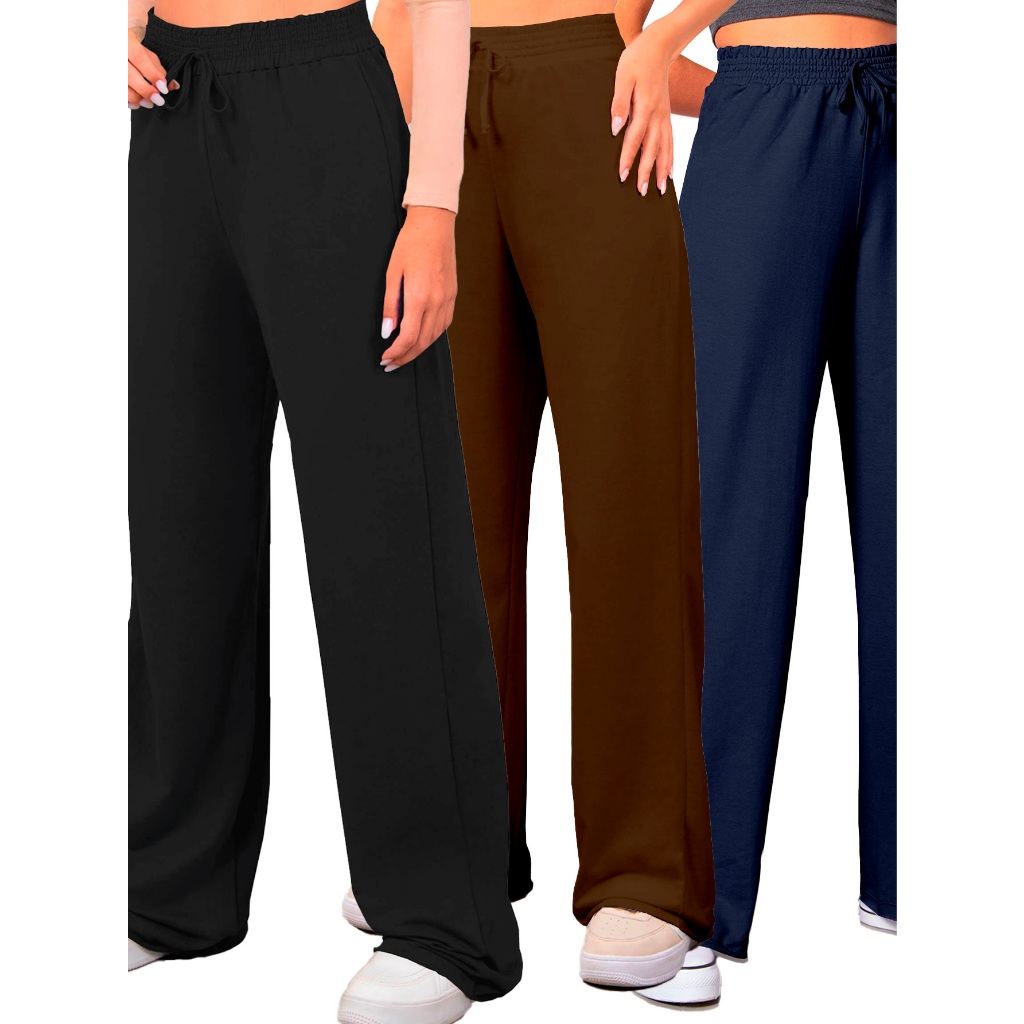Calça Pantalona Feminina Kit 3 Peças Cós Largo Elástico Cordão Laço Moletinho Confortável Luxo
