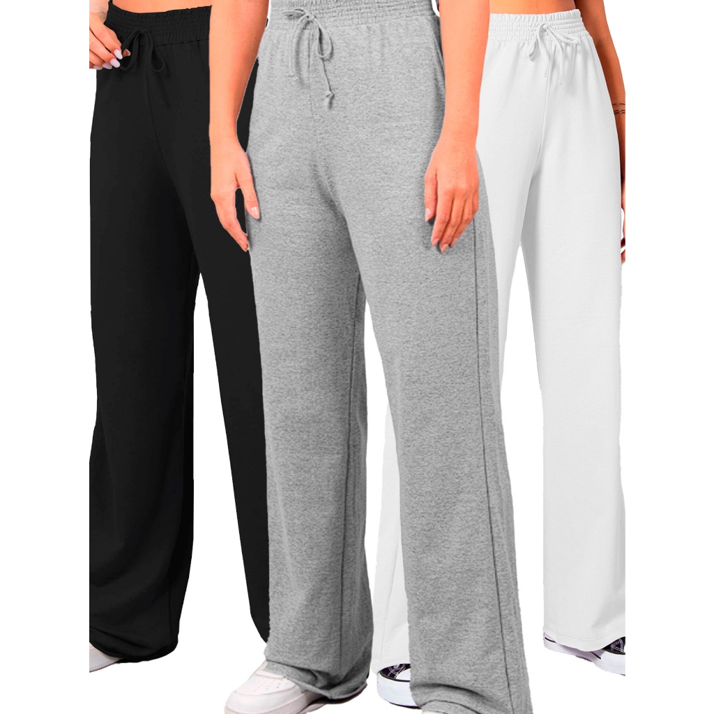 Calça Pantalona Estilosa Mulher Sofisticada Modelagem Contemporânea Kit 3 Peças Sortidas Wid Leg Moletinho Plus Size
