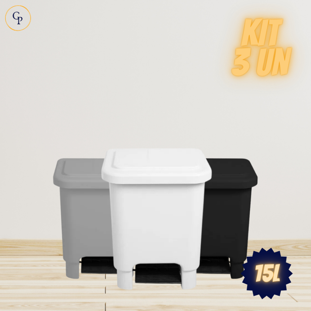 Kit 3 Lixeiras 15 Litros com Pedal Resistente Reciclável Multiuso Cozinha Banheiro Casa em Oferta na Shopee