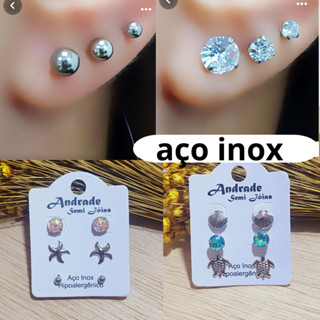 Trio de brincos em Aço Inoxdável Cirúrgico Prata Bolinha Pérola Mar Coração Lua Kit 3 Pares de Brincos Delicados pequenos Moderno Casual