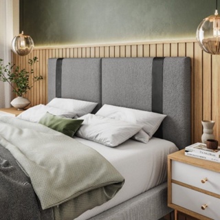 Cabeceira De Cama Ártemis 1,40x0,55 Linho Cinza e Couro sintético preto em Oferta na Shopee