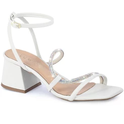 Sandália Feminina Lumiss Salto Bloco Tiras Strass Brilho Branco