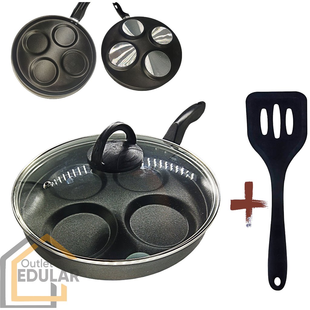 Frigideira 26 cm Divisória 4 Ovos Hambúrguer Com Tampa de Vidro e com Espátula Antiaderente Cor Preto Grafite em Oferta na Shopee