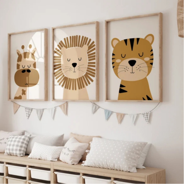 Quadro decorativo 3 peças 40x60 safari baby infantil decoração quarto sala hall