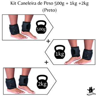 Kit Caneleira de Peso 500g+1Kg+2Kg Preto Tornozeleira Treino Exercício Crossfit Fitness Com 3 Pares