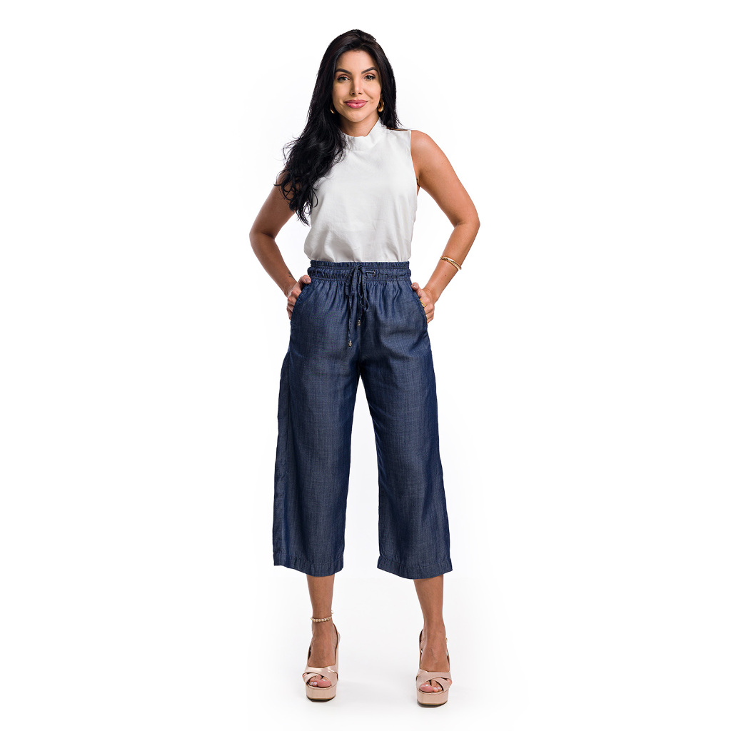 Bermuda Calça Pantacourt Feminina com Cós Elástico