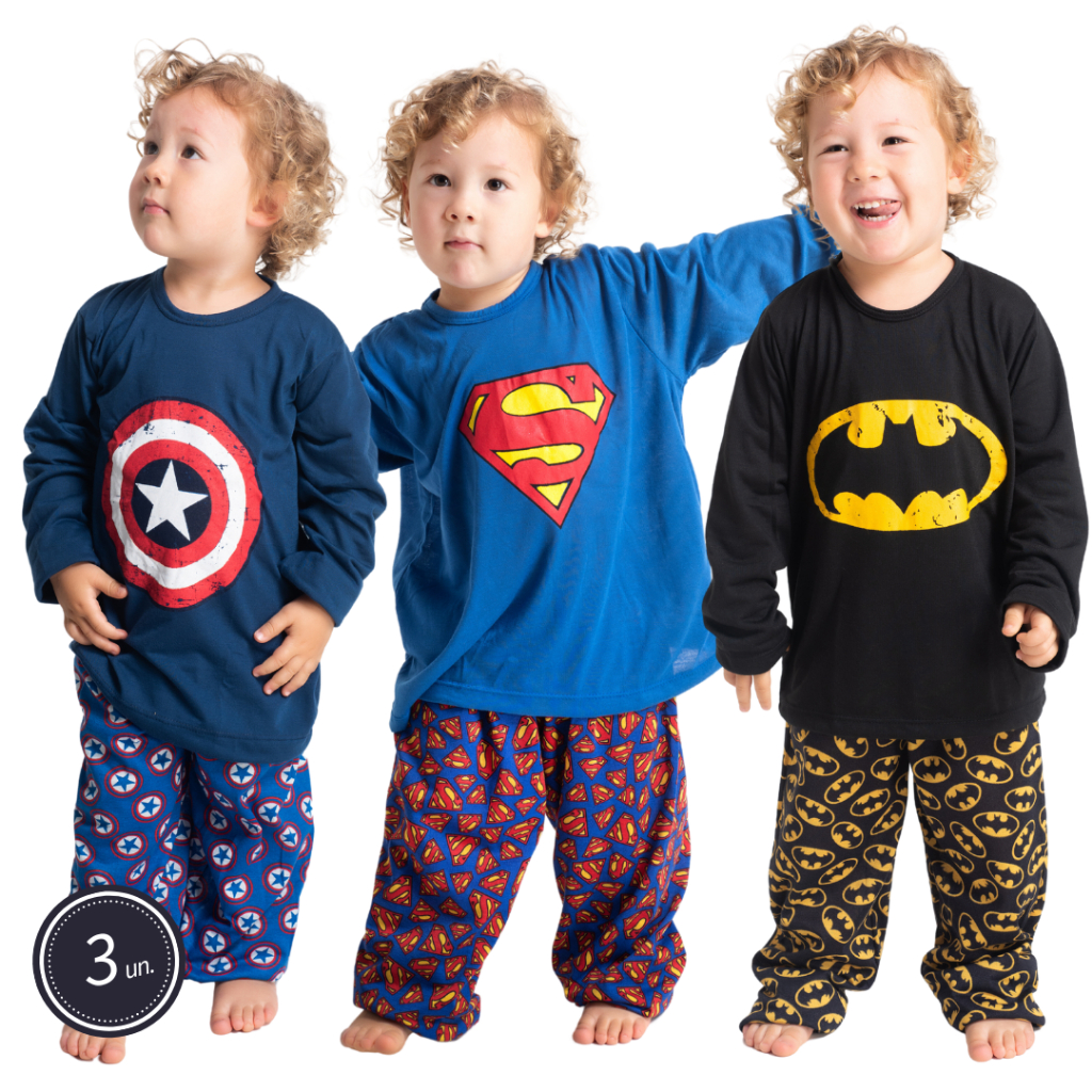 Kit 3 Conjunto Longo Menino Infantil Heróis Blusa e Calça Festa do Pijama Poliéster Linha Noite Marvel DC 327