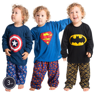 Kit 3 Conjunto Longo Menino Infantil Heróis Blusa e Calça Festa do Pijama Poliéster Linha Noite Marvel DC 327 em Oferta na Shopee