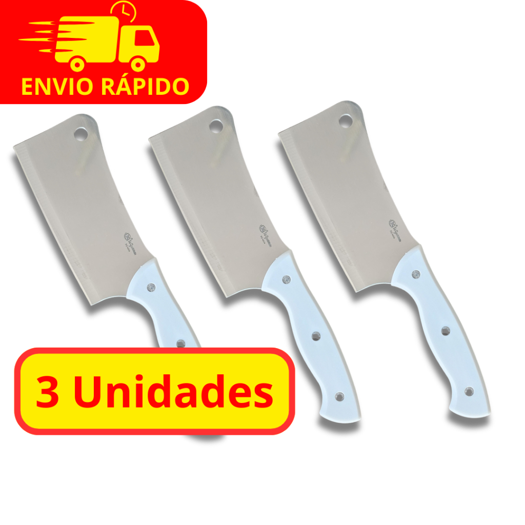 Kit 3 Cutelos Profissionais Afiados de Açougue e Cozinha Para Carne em Aço Inox Premium 27cm 6 Polegadas