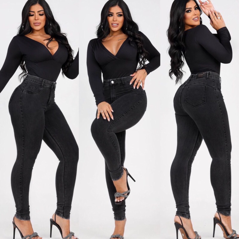 calça preta jeans skinny com lycra cintura alta modelagem levanta bumbum moda feminina em Oferta na Shopee