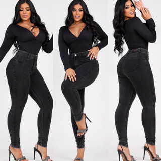 calça preta jeans skinny com lycra cintura alta modelagem levanta bumbum moda feminina em Oferta na Shopee