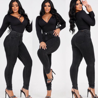 calça preta jeans skinny com lycra cintura alta modelagem levanta bumbum moda feminina