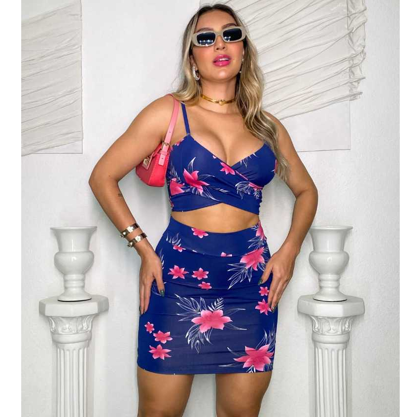 Conjunto Floral Canelado Cropped Curta Mini Saia Verão Calor Feminino Canelado Estampado