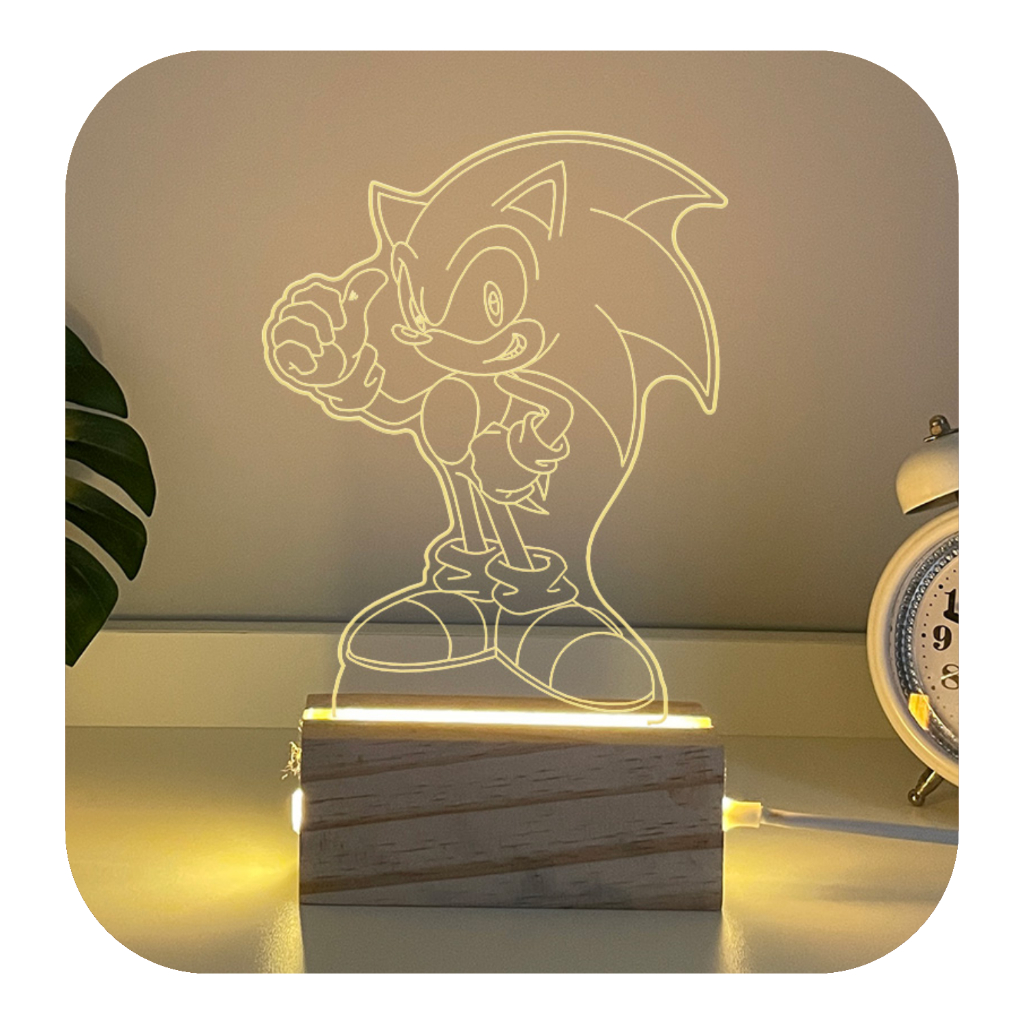 Luminária de Mesa Sonic em Madeira Luz Acrílico Luxo 3D Quarto Decorativo Led