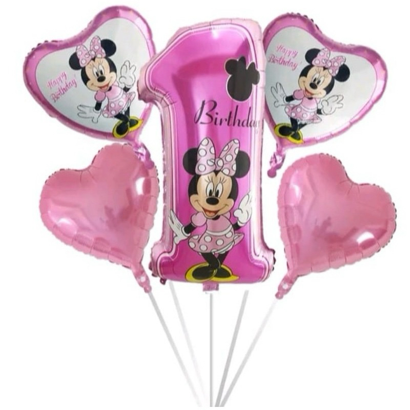 kit C/4 Balões Metalizado Mickey Mouse E Minnie Mouse+Numero 1 40Cm