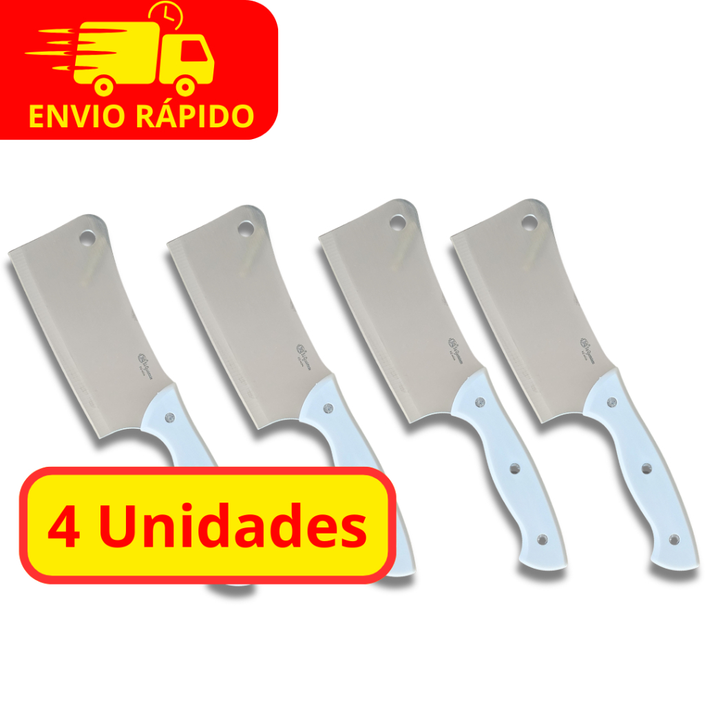Kit 4 Cutelos Afiados Profissionais de Açougue e Cozinha Para Carne em Aço Inox Premium 27cm 6 Polegadas