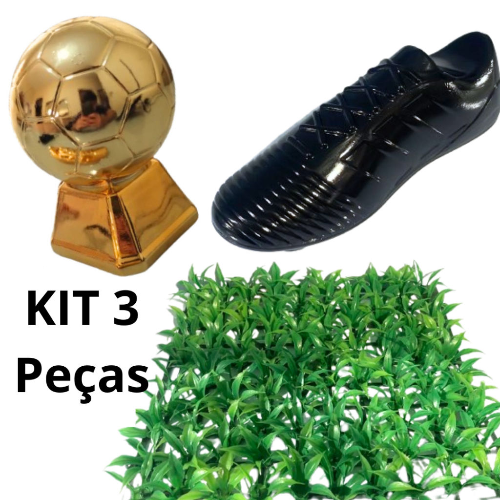 KIT Futebol Decoração Troféu Bola De Ouro + Chuteira Preta + Grama Artificial