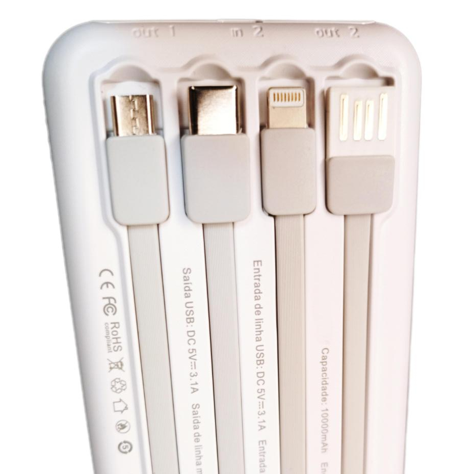 Power Bank 10.000 ou 20.000 mAh A'Gold com 4 Cabos Embutidos 3.1A Carga Rápida