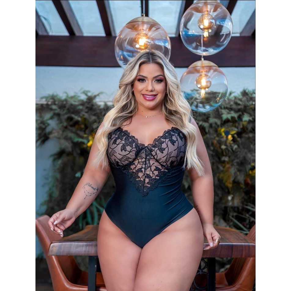 Body Bordado Feminino Plus Size Rendado Em V Com Bojo Sexy decotad  elegante romântico dia a dia