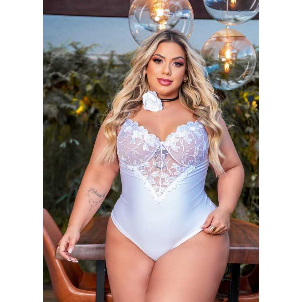 Body Bordado Feminino Plus Size Rendado Em V Com Bojo Sexy decotad  elegante romântico casual moderno festa dia a dia