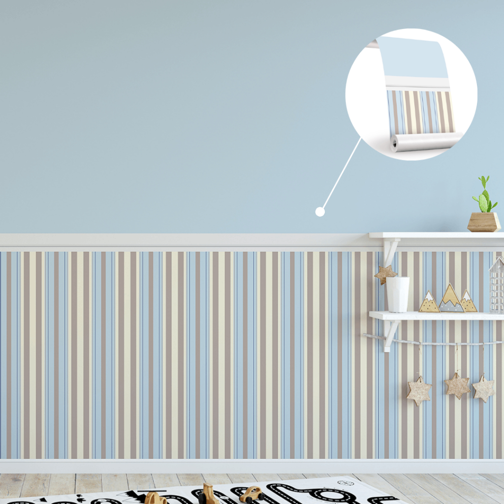 Papel De Parede Adesivo Infantil Metade Listrado Azul E Bege Quarto Menino 3m x 50cm