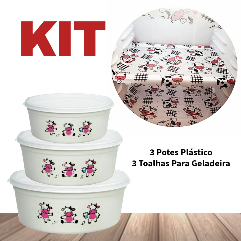 Kit C/ 3 Potes Plástico Vaquinha + 3 Toalhas de Geladeira Estampa Vaquinha