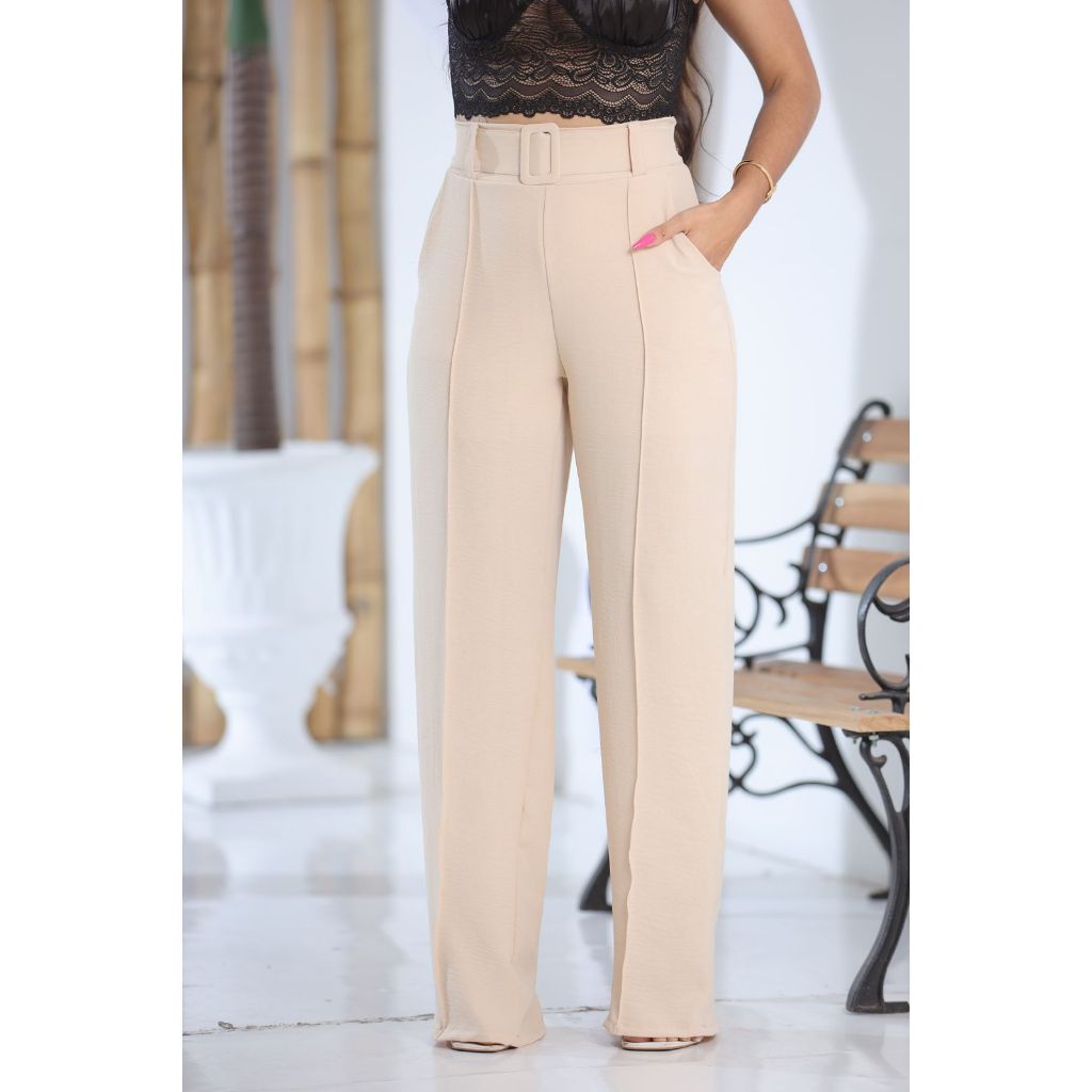 Calça Pantalona Feminina Social Wed Leg Com Cinto Plus Size Cintura Alta Tecido alfateria dunas Duna