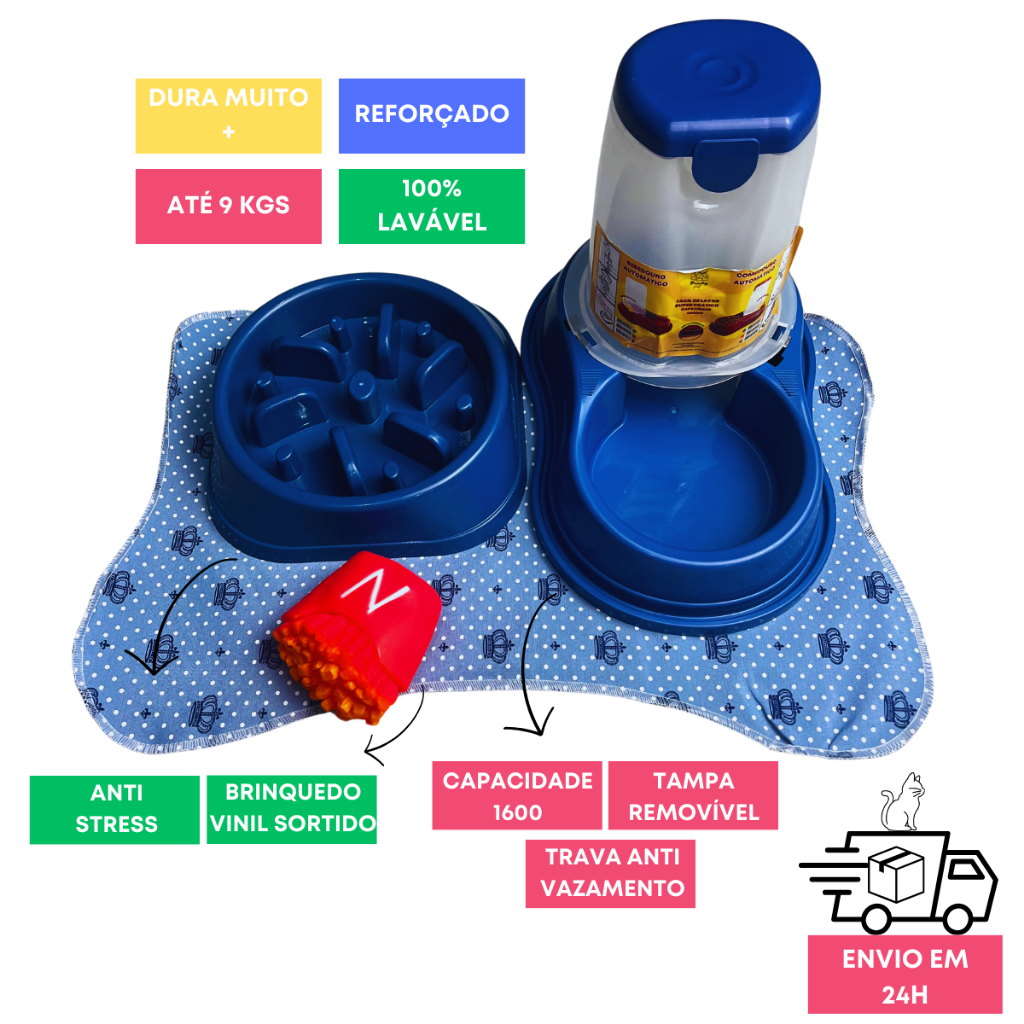 Bebedouro Automático P/ Cachorro + Comedouro Lento Cachorro + Brinquedo Mordedor Sortido - Kit Premium