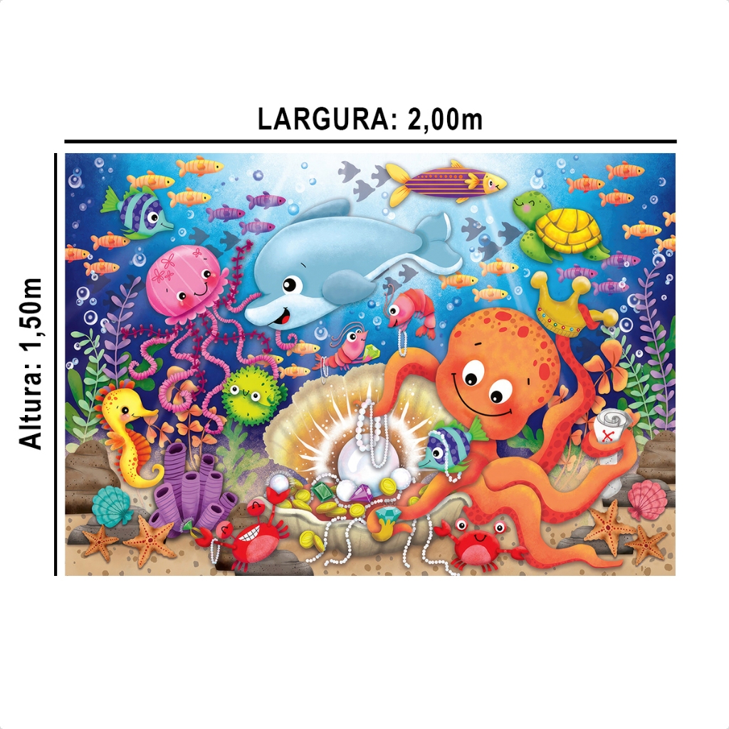 Painel Retangular de Festa em Tecido Sublimado 3D Horizontal Fundo do Mar 2,00x1,50