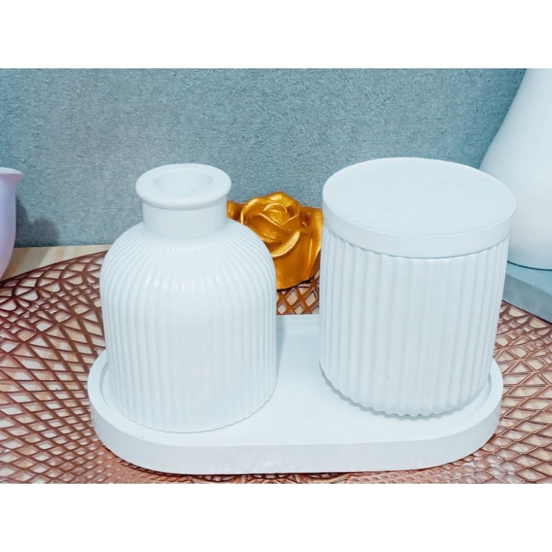 Kit vaso decorativo, vaso multiuso geometrico e bandeja oval, decoração, organizador, porta joia, objetos, algodão,