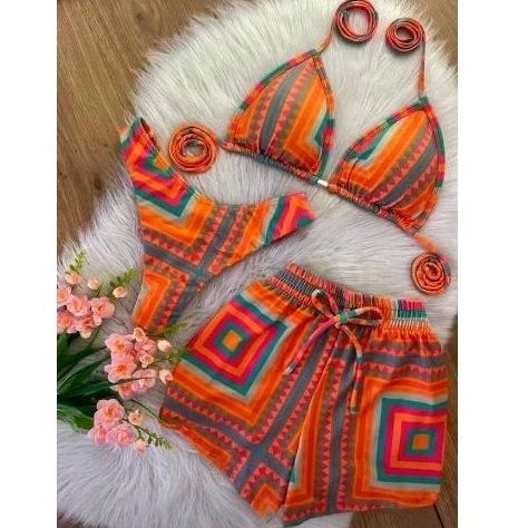 Conjunto de Trio de Biquíni Saia e Shorts Trikinis estampado modinha em Oferta na Shopee