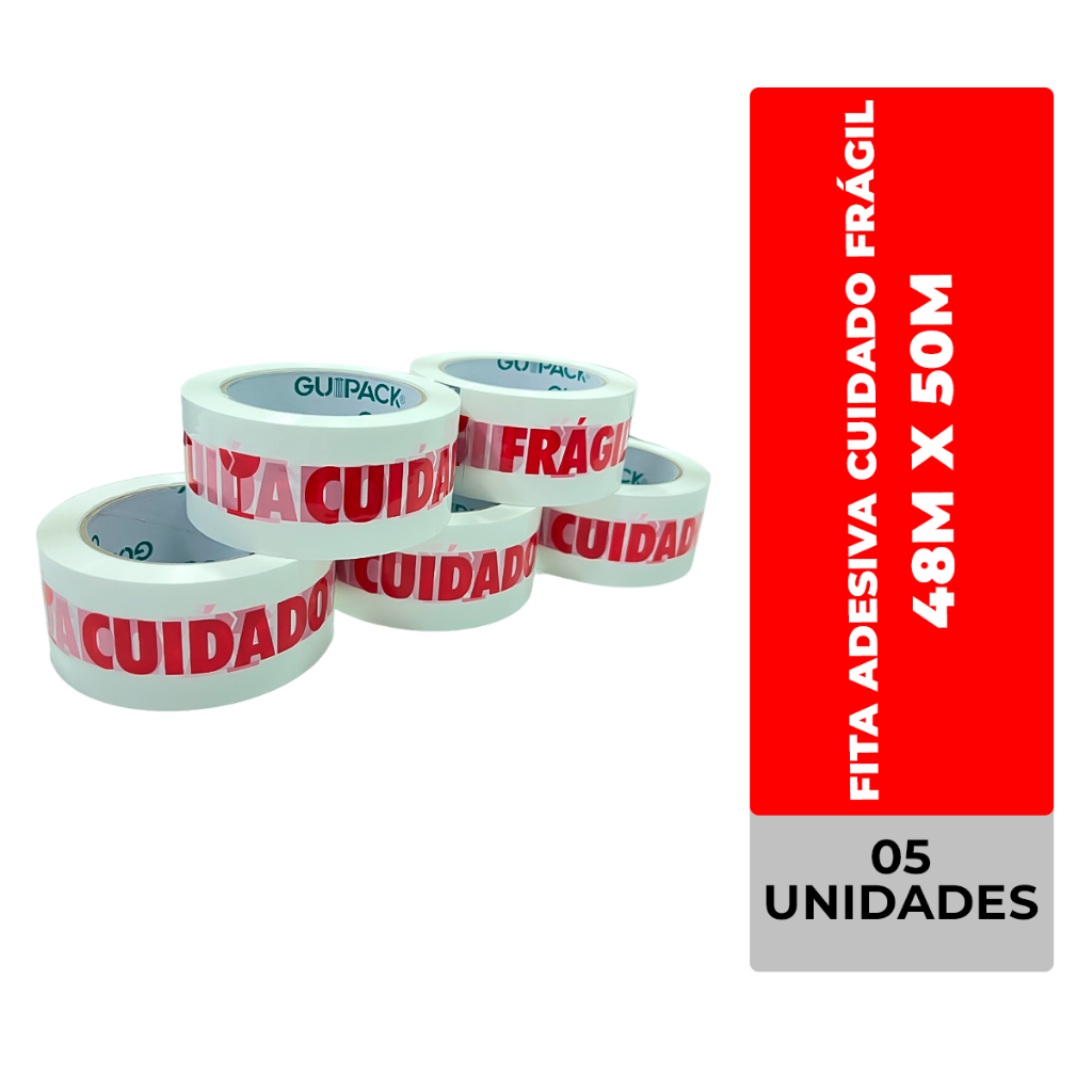 5 Fitas Adesivas Embalagem Cuidado Frágil 48MMX50M  Fechamento de caixas com produtos frágeis em Oferta na Shopee