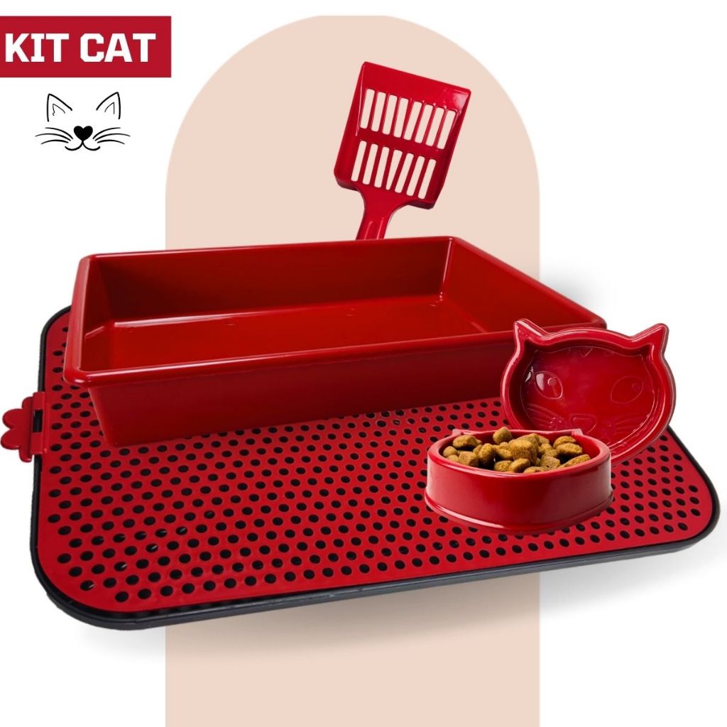 Kit Completo Higiênico Para Gatos Caixa e Tapete Coletor de Areia + Pá e Comedores em Oferta na Shopee