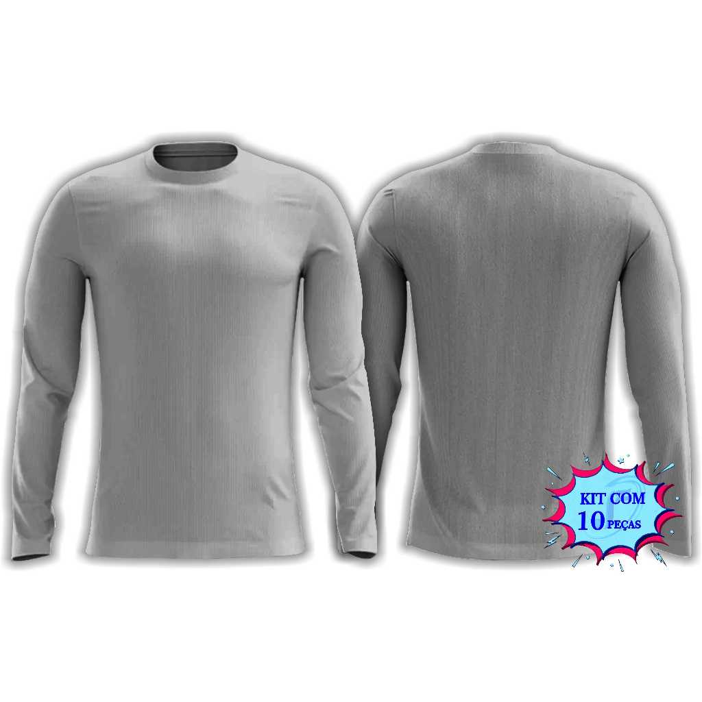 Camisa Cinza mescla manga longa Comprida Camiseta sublimação Poliéster kit com 10 peças