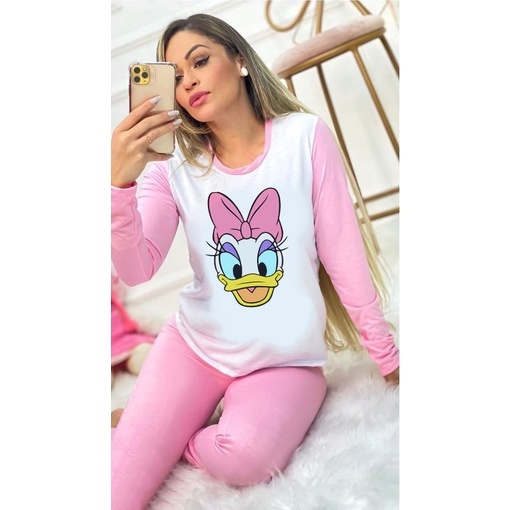 Pijama Feminino Adulto Tecido Suede Premium Outono Inverno Blusa Manga Longa