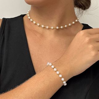 Colar Pérola + Pulseira Pérola Banhado a Ouro 18k em Oferta na Shopee