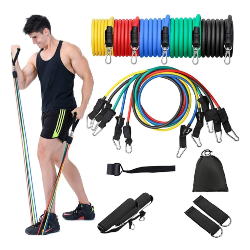 Kit Elástico Extensor 11 Peças Exercício Funcional Treinamento Pilates Academia Acessórios