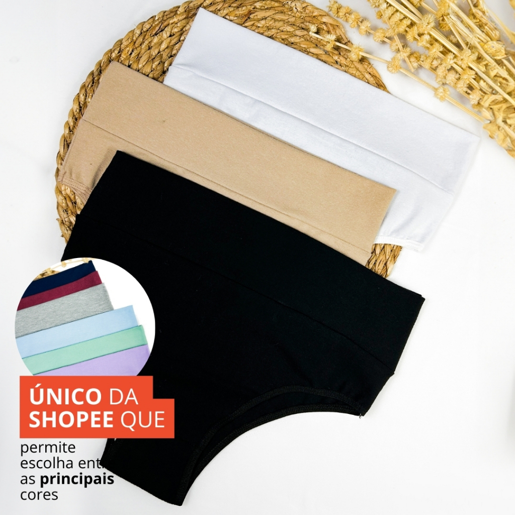 Kit com 3 Calcinhas de Algodão Cintura Alta Forro 100% Algodão Que Nâo Marca Cós Alto Ultra Confortavel