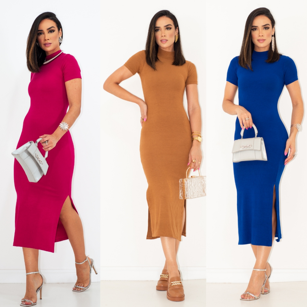 Vestido Midi Max Gola Alta Manguinha com Fenda Lateral Moda Evangelica