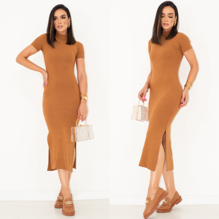 Vestido Canelado Midi Max Gola Alta Manguinha  Fenda Lateral Longuete Moda Evangelica