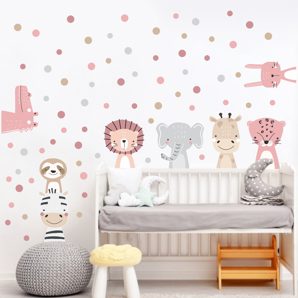 Adesivo de parede Infantil Safari Bichinhos Boho Rosa Escandinavo bolinhas decoração bebê Menina