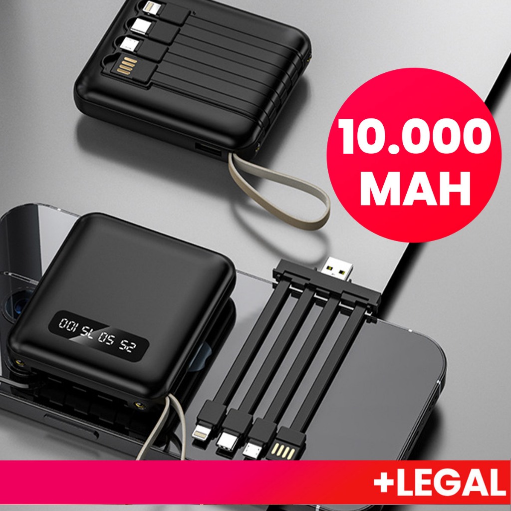Carregador Portátil 10000mah con 4 cables de carga rápida Banco de energía digital LED