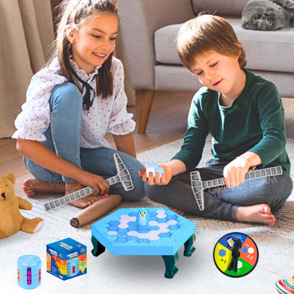 Kit Jogos pedagógicos educativos infantil Jogo de tabuleiro Pinguim Quebra Gelo Numa Fria Art Brink presente brinquedo criança 5 anos menino menina + Brinquedo Anti Stress 2 em 1 Fidget Toy Hand Spinner Cilindro Cubo Mágico
