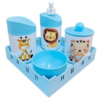 Kit Higiene Bebê (Leão, girafa, tigre) c/Bandeja Quadrada Azul em Oferta na Shopee
