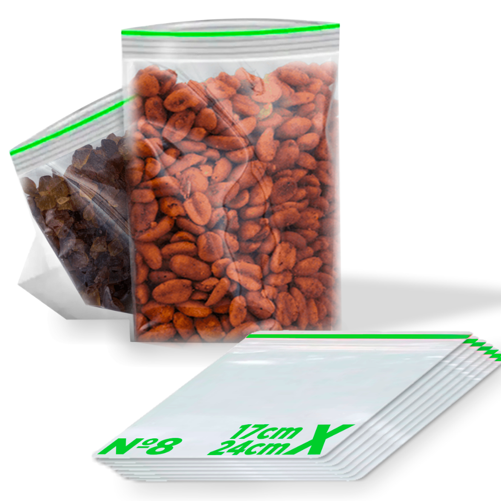 Saco Zip Lock Hermético Vabene 17x24 N°8   50 Und Transparente Abre e Fecha Polietileno Fecho verde