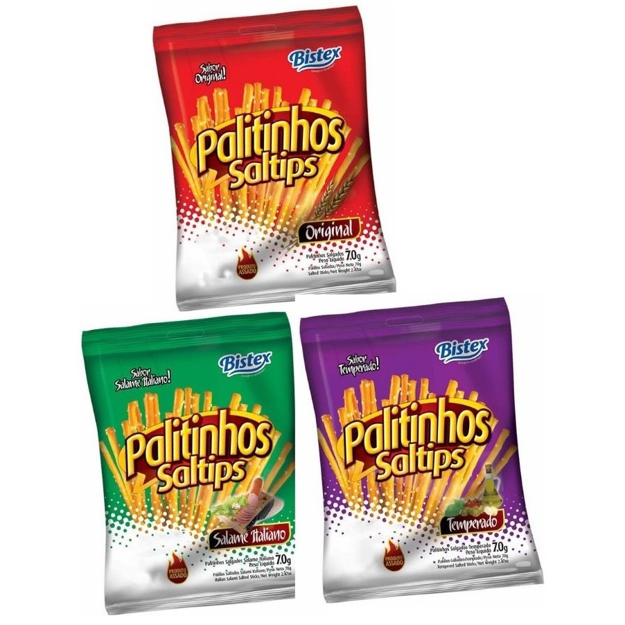15 Pacotes Salgadinho Palito 70g Saltips Bistex Salgado Palitinho Stiksy em Oferta na Shopee