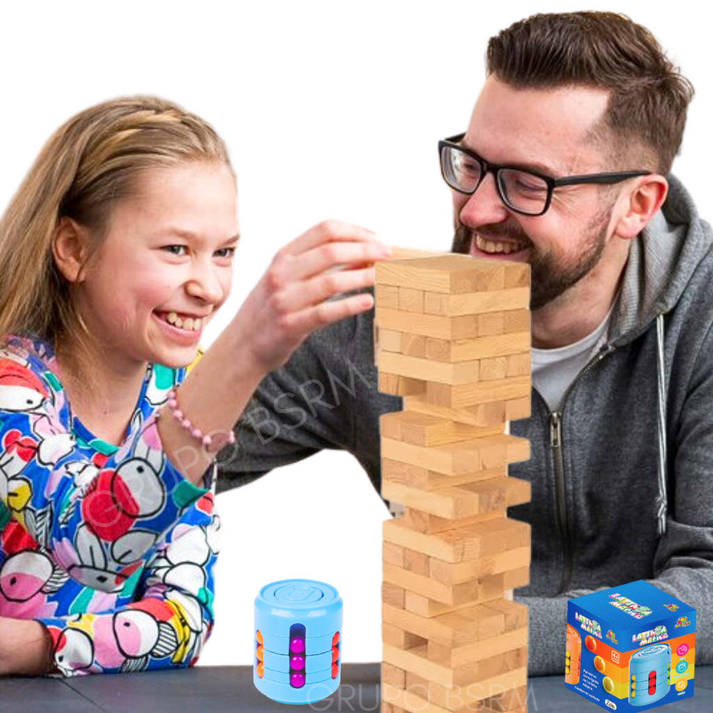 Kit Jogos de tabuleiro infantil educativos pedagogicos Caiu Perdeu Art Brink Jogo Torre de Blocos madeira mdf presente brinquedo criança 5 anos menino menina + Brinquedo Anti Stress 2 em 1 Fidget Toy e Hand Spinner Cilindro Cubo Mágico