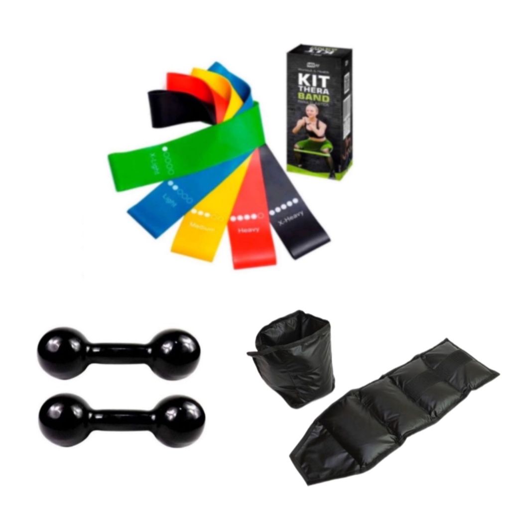 Kit Treino Halter 1kg + Caneleira 1kg + Kit Theraband