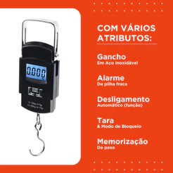 Balança De Mão Digital 50 KG com Pilhas - Para Bagagem Bolsa e Pesca - Mazzal