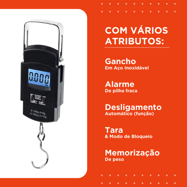 Balança De Mão Digital 50 KG com Pilhas - Para Bagagem Bolsa e Pesca - Mazzal